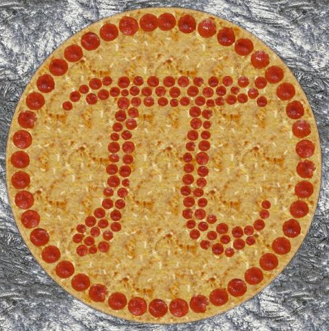 round pizza with pepperoni written as Pi symbol