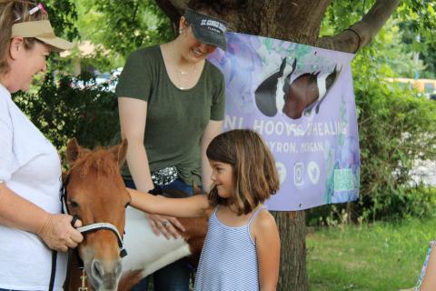 brown mini horse and young girl