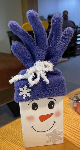 white snowman block with blue hat