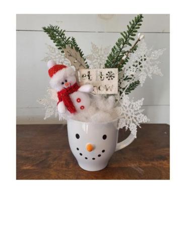 white snowman mug with greenery 