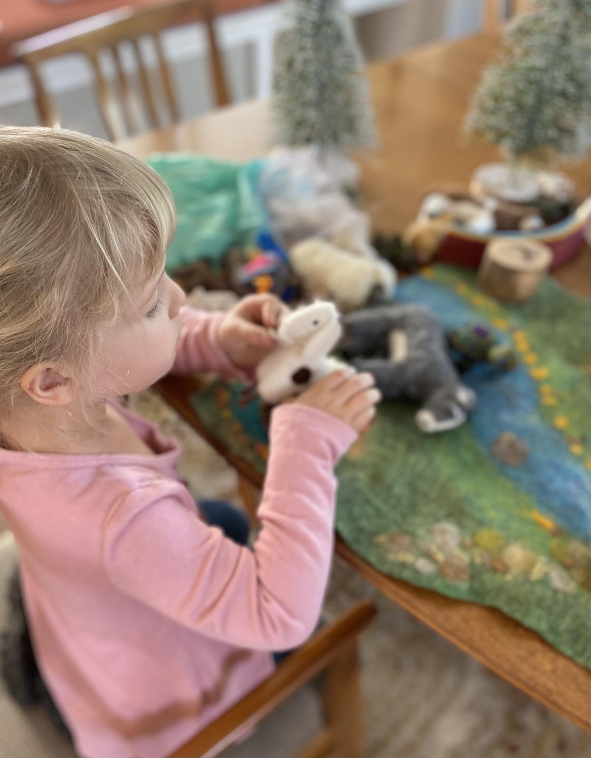 young girl in pink shirt with multi colored felt toy